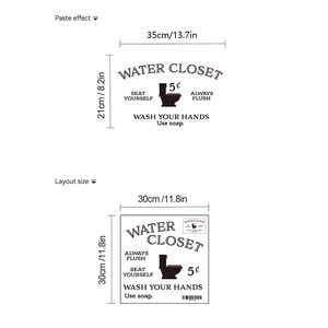 Vintage toilet wall sticker set with black icons and bathroom rules, 35x21cm size