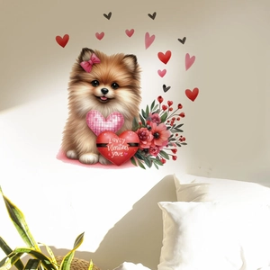 Sticker mural chien Loulou de Poméranie avec cœurs rouges pour la Saint-Valentin