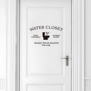 Detail of self-adhesive black PVC toilet door sign with Water Closet lettering