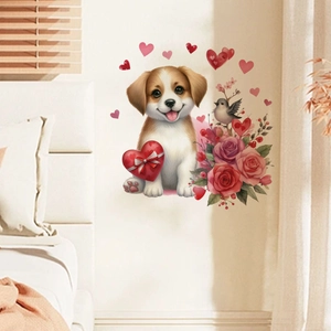 Sticker mural chiot dessin animé avec cœur et roses pour déco chambre ou salon chaleureux