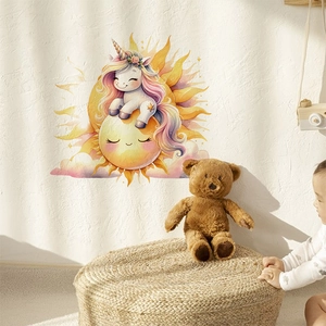 Watercolor unicorn sleeping on sun wall sticker for children room nursery decor