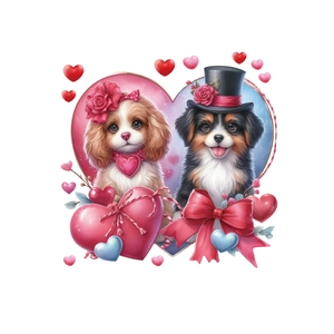 Stickers muraux chiots de dessin animé avec cœurs roses et nœuds rouges déco