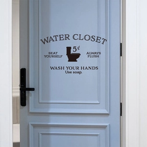 Water Closet bathroom wall decal with Wash Your Hands rules on a light blue door
