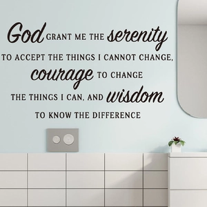 Detail of black Serenity Prayer vinyl wall decal on a bathroom wall above the vanity