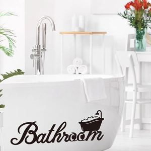 Detail of waterproof black PVC bathroom wall sticker showing tub icon on a white bathtub