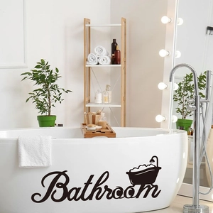 Waterproof PVC bathroom wall sticker with stylish lettering and bathtub icon on a tub surface