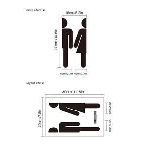 Self-adhesive black PVC silhouette door stickers for bathroom showing layout and paste size