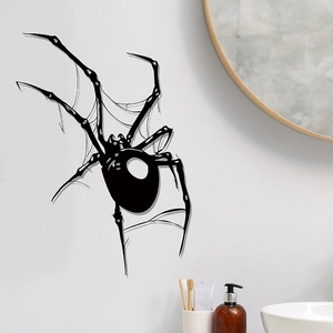 Detail of black spider PVC wall sticker on bathroom wall for Halloween home decoration