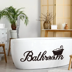 Self-adhesive black vinyl bathroom wall decal with bathtub icon and elegant lettering