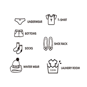 Minimalist black clothing icons and text wall stickers for wardrobe organization