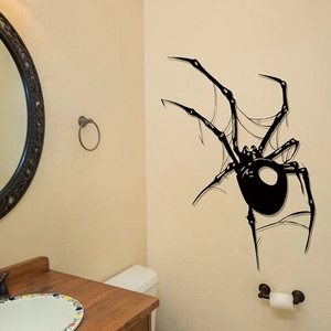 Detailed realistic giant black spider wall sticker with shadow for Halloween bathroom decor