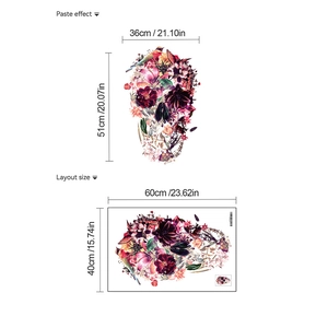 Floral skull wall sticker with birds for home decor, paste effect and layout size view