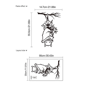 Detailed layout and paste dimensions for cartoon bats and floral Halloween wall stickers