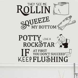 Funny bathroom wall stickers with toilet paper icons and humorous English phrases