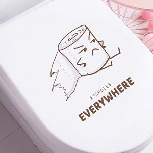 Funny toilet seat sticker featuring a cartoon toilet paper roll and humor quote