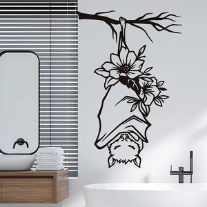 Modern Halloween bat wall sticker with hanging design on minimalist white bathroom background