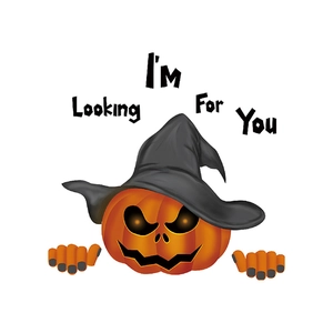 Halloween pumpkin sticker with witch hat and I'm Looking For You text for bathroom decor