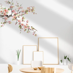 Pink Botanical Flower Bird Wall Decal Removable PVC Printed Floral Branch Wall Sticker For Living Room Bedroom Home Decor