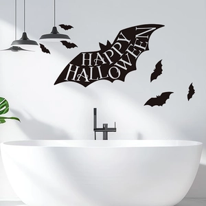 Self-adhesive black bat wall stickers with Happy Halloween text for bathroom decor
