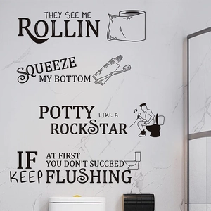 Funny bathroom wall stickers with toilet paper and toothpaste quotes for home decoration
