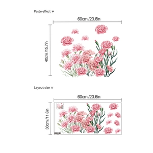 Pink carnation floral wall decal set showing paste effect and layout size for home decor