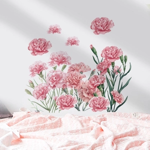 Pink carnation flower wall stickers for home decor with realistic green leaves