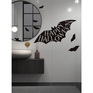 Detail of Happy Halloween bat wall stickers applied on bathroom tile and mirror surfaces