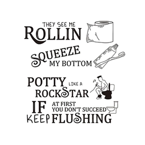 Funny bathroom wall decals with black toilet paper rolls and humorous English typography