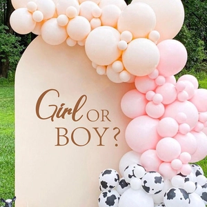 Gender reveal balloon arch set with pink, nude, and cow print patterns for outdoor party decoration