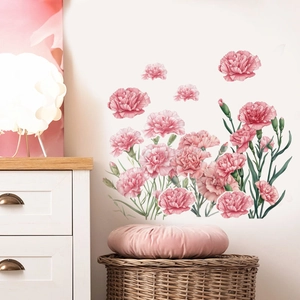 Detailed view of pink carnation wall stickers with layered petals and green leaves decoration