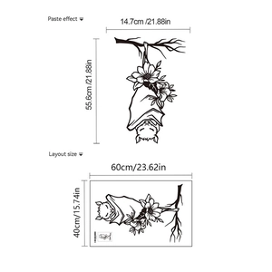 Halloween cartoon hanging bat wall sticker with floral design and size dimensions