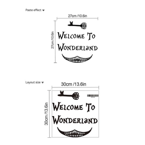 Welcome to Wonderland wall sticker with vintage key and Cheshire Cat face design