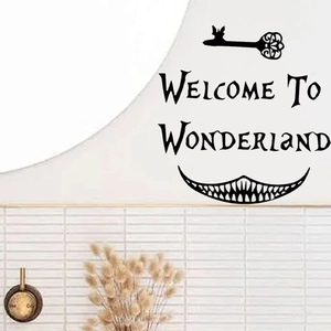 Black Alice in Wonderland wall sticker with Welcome to Wonderland text and vintage key