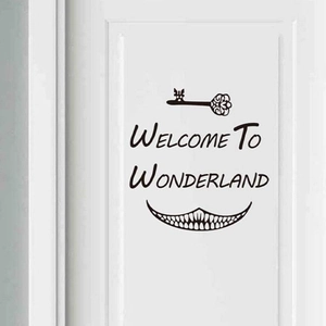 Fantasy Welcome To Wonderland Phrase Wall Sticker With Key And Smile Pattern Black PVC Self Adhesive Removable Home Decor Decal