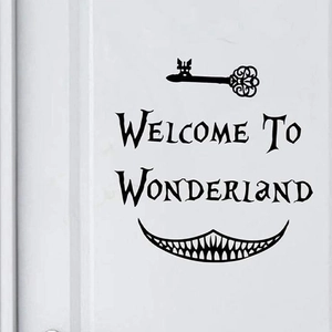 Alice in Wonderland Welcome to Wonderland wall sticker with key and Cheshire Cat smile