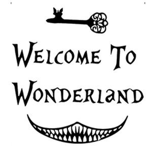Welcome to Wonderland wall decal featuring a winged key and Cheshire Cat smile