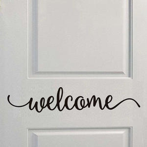 Minimalist black PVC Welcome wall sticker for entryway decoration on a white door