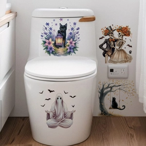 Wasserdichte Halloween Wandaufkleber mit schwarzer Katze, Geist und Totenkopf für das Badezimmer