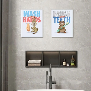 Detail of cartoon rabbit and beaver wall stickers with Wash Hands and Brush Teeth text