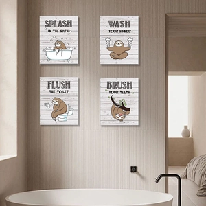 Set of four cartoon sloth bathroom wall stickers showing daily routines in modern bathroom