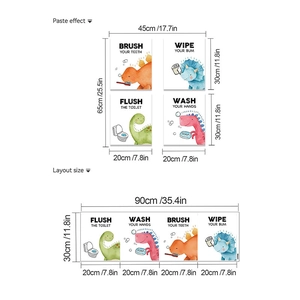 Cartoon dinosaur bathroom wall stickers set showing layout and paste dimensions