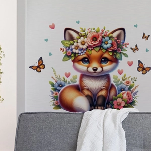 Détail de stickers muraux renard dessin animé avec couronne de fleurs et papillons