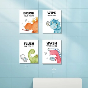 Detail of four dinosaur bathroom wall stickers showing brushing teeth and hand washing habits