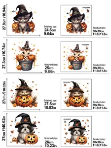 Detailed size chart for Halloween animal wall stickers with pumpkin and wizard hat motifs