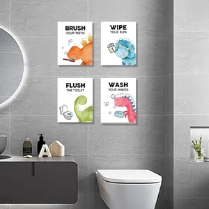 Set of four cartoon dinosaur bathroom wall art prints with hygiene habits text
