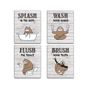 Cartoon sloth bathroom wall art set with bath, wash, flush and brush rules