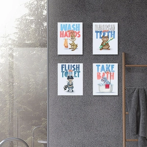 Removable Cartoon Animal Bathroom Wall Stickers For Kids Room PVC Wash Hands Brush Teeth Education Quote Decor