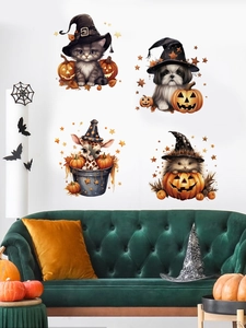 Detailed view of removable Halloween PVC wall stickers with cute animals in wizard hats