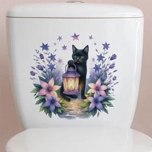 Halloween Schwarze Katze Wandaufkleber mit lila Laterne und Lilien für WC-Dekoration