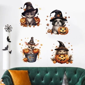 Detail of Halloween animal wall stickers featuring a cat, dog, and giraffe on a white wall